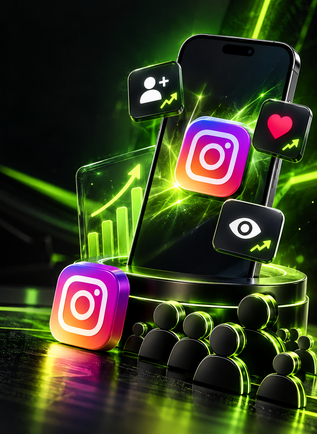 Celular com ícones do Instagram, novos seguidores, curtidas e visualizações em cena neon verde